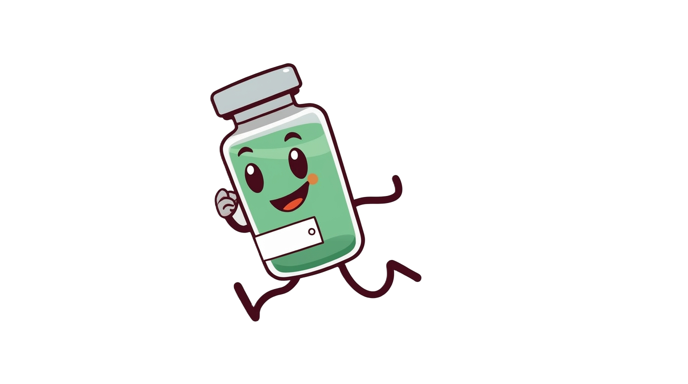 Peppy vial mascot sprinting across the page